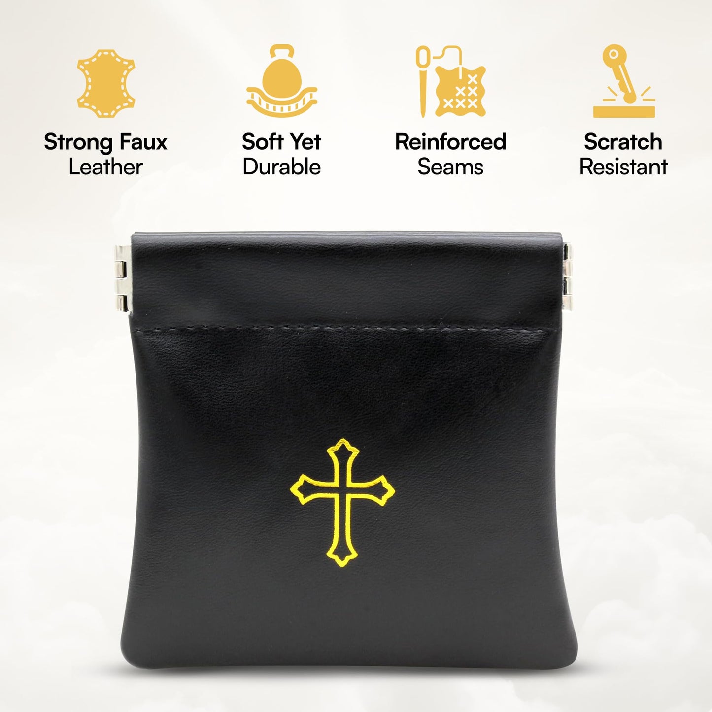 Squeeze-Top Faux Leather Rosary Pouch - Compact White Case for Rosary Beads with Cross Imprint - Keeps Prayer Beads Protected for Travel - Fits Easily in Purse, Pocket, Car, Retreats & Church Use