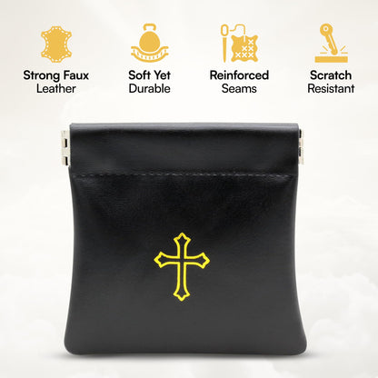 Squeeze-Top Faux Leather Rosary Pouch - Compact White Case for Rosary Beads with Cross Imprint - Keeps Prayer Beads Protected for Travel - Fits Easily in Purse, Pocket, Car, Retreats & Church Use