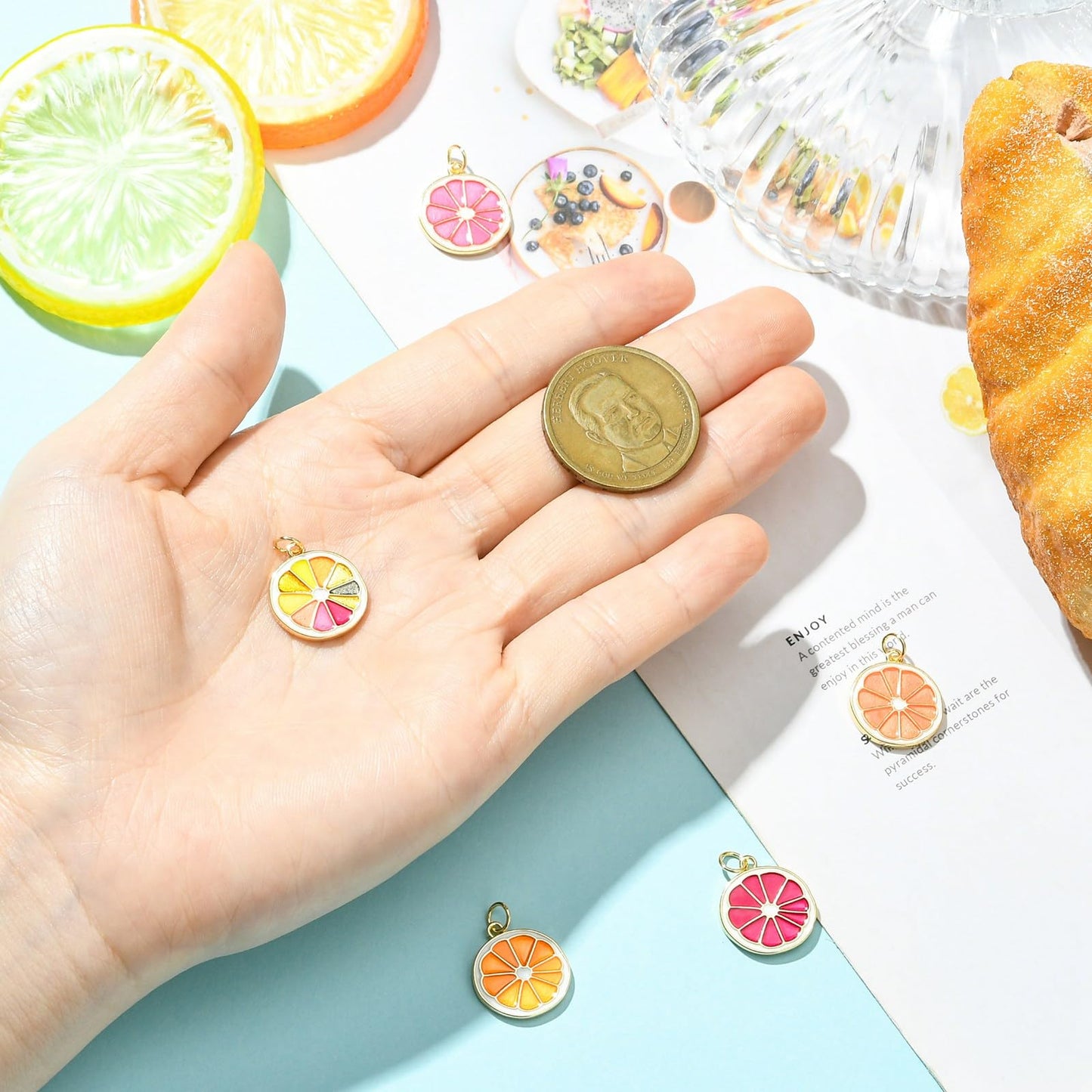 Stiesy Lemon Slice Enamel Charms Pendants, 5Pcs Brass Enamel Charms with Jump Ring, Real 18K Gold Plated Summer Theme Jewelry Making, DIY Fresh Unique Necklace Bracelet