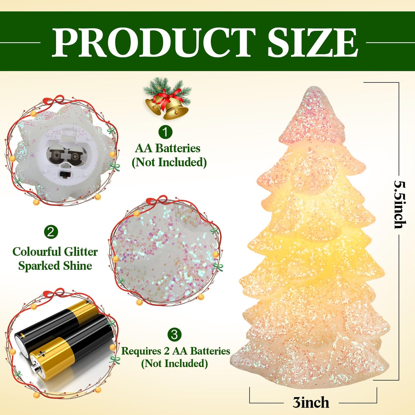Glooglitter 2 Pcs 5.5" White Christmas Tree Flameless Candles Glittering Real Wax Flickering Battery Operated LED Handmade Carved Candles for Xmas Party Decoration Gifts