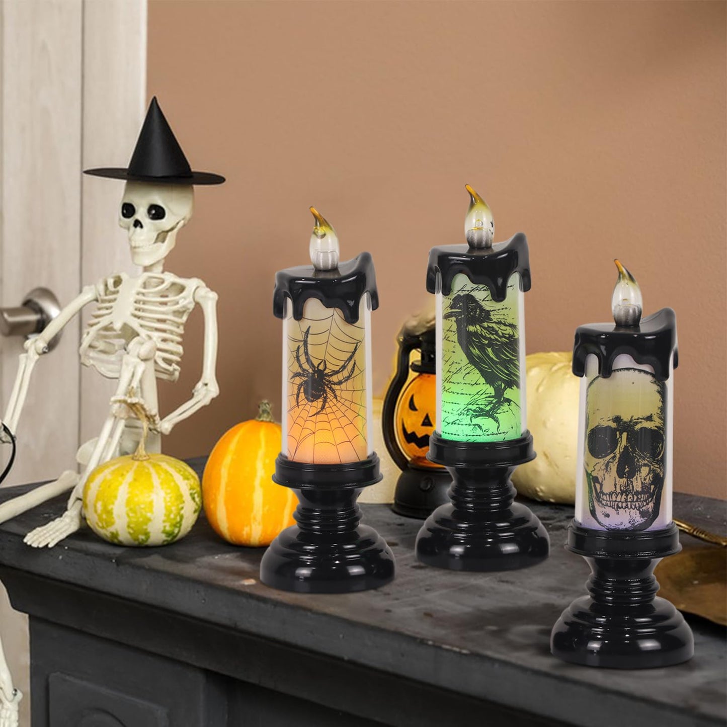 Eldnacele Halloween Flameless Candle Lamp Battery Operated with Remote and Timer, Spooky Horror Skull Crow Spider Decals LED Candle Lights Indoor Home Decor Candles Set of 3, 2.8" D x 7.8" H