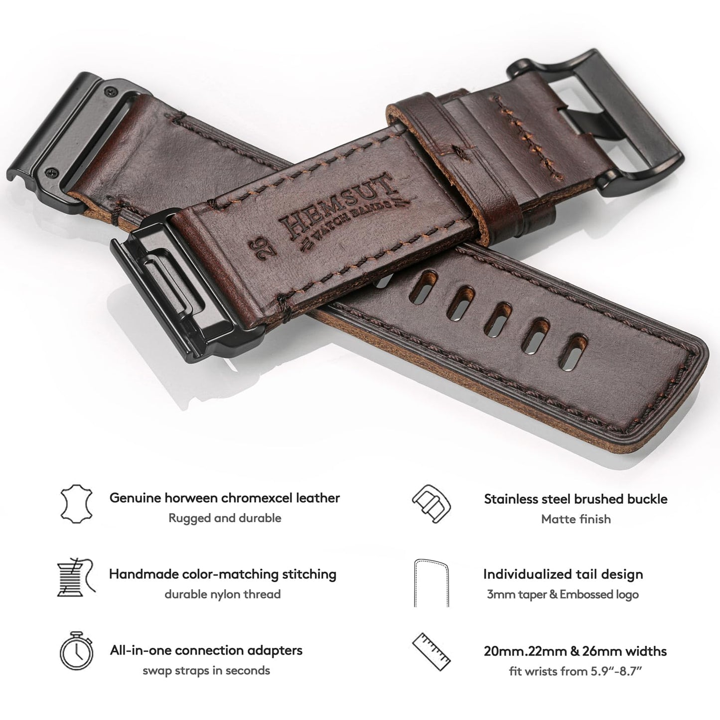 Compatible with Fenix Fenix 8 51mm, 5X Plus Bands Fenix 7X Sport Horween Leather Replacement Watch Strap for Garmin Fenix 5X/Fenix 5X Plus/Fenix 6X/Fenix 6X Pro/Fenix 3/HR/Descent MK1/D2 Delta PX/D2 Charlie…