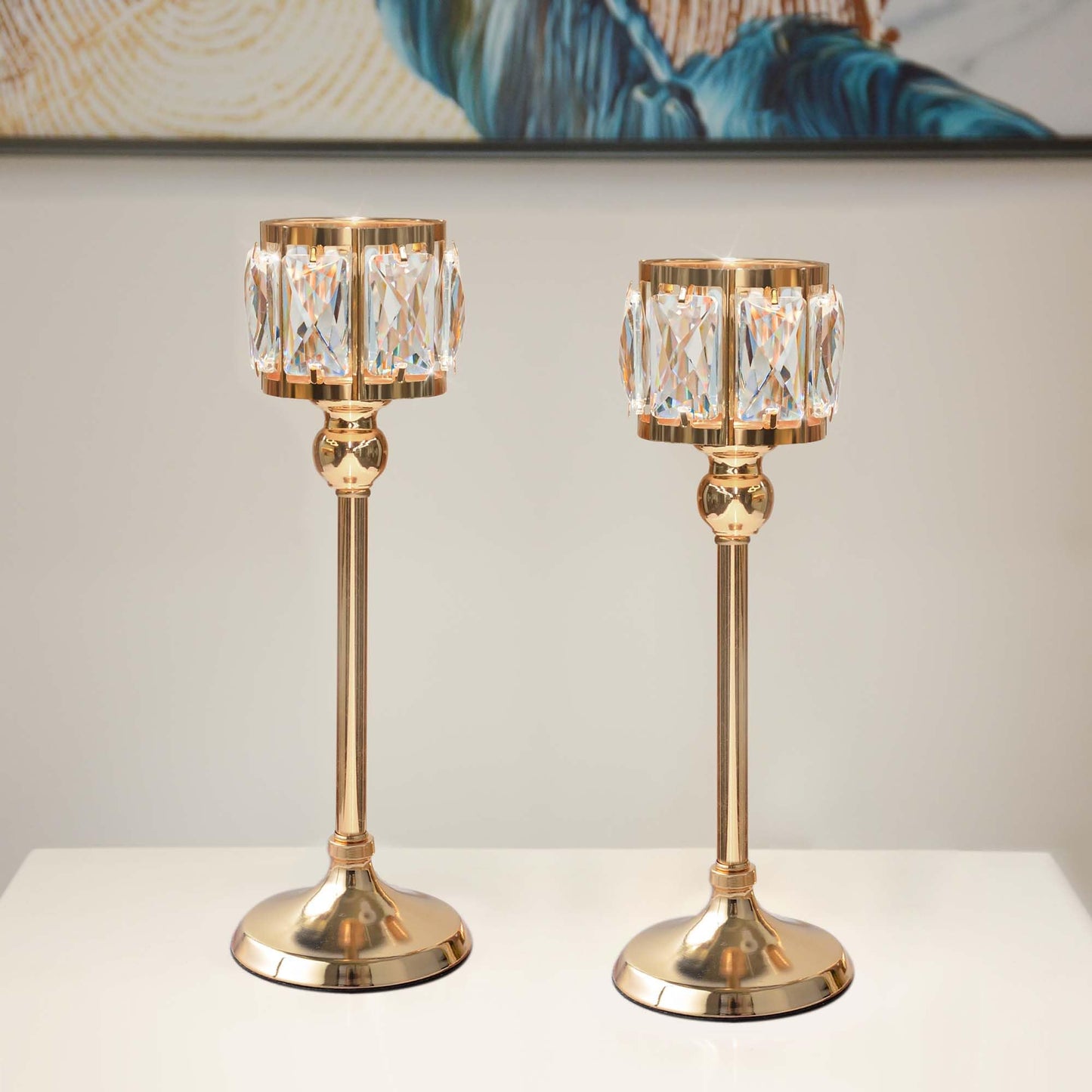 2 Piece Crystal Bowl Tealight Candelabra Votive Candle Stands, Wedding centerpieces for Tables Crystal Candlestick，Centerpiece Table Decorations (Gold 2PS)