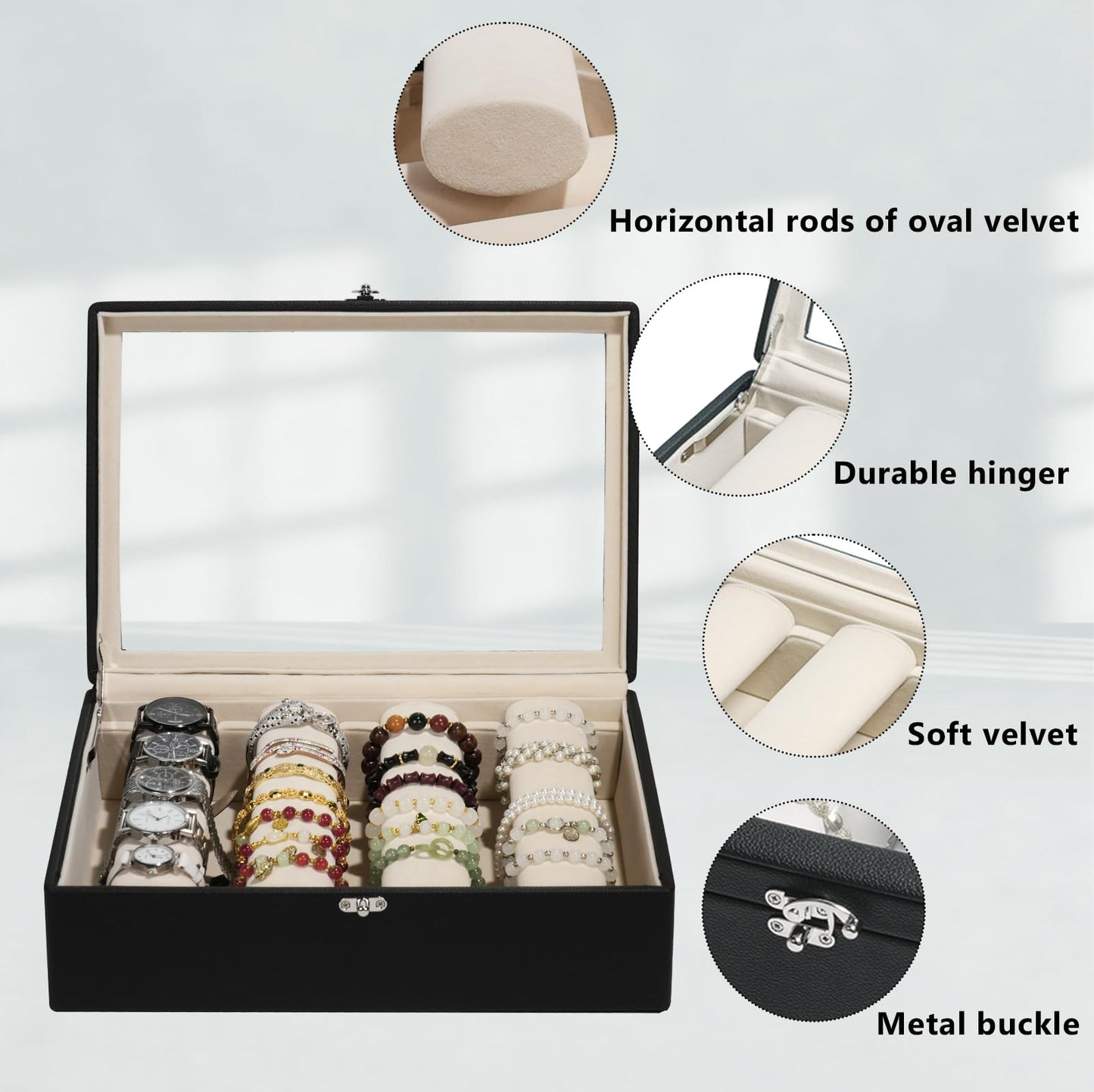 OrizeGe Jewelry Box with Glass Lid Bracelet Holder PU Leather for 4 Horizontal Rods Beige Velvet Watch Case for Women