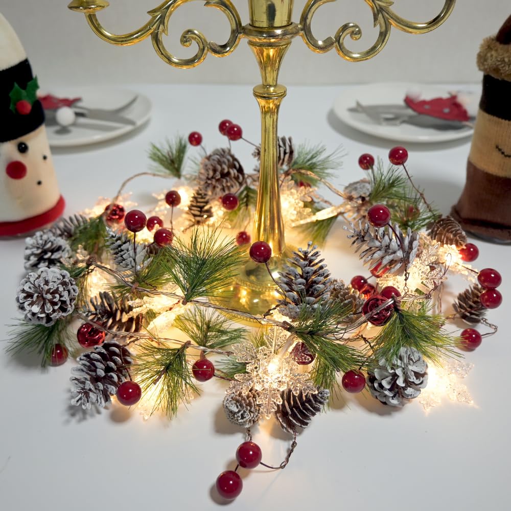 Pine Garland with Lights Christmas Garlands 6.56FT 20 Snow LED Battery Operated Garland with Red Berry and Holiday Pinecones Prelit Lights for Home Windows Fireplace Stairs Christmas Tree Decortions
