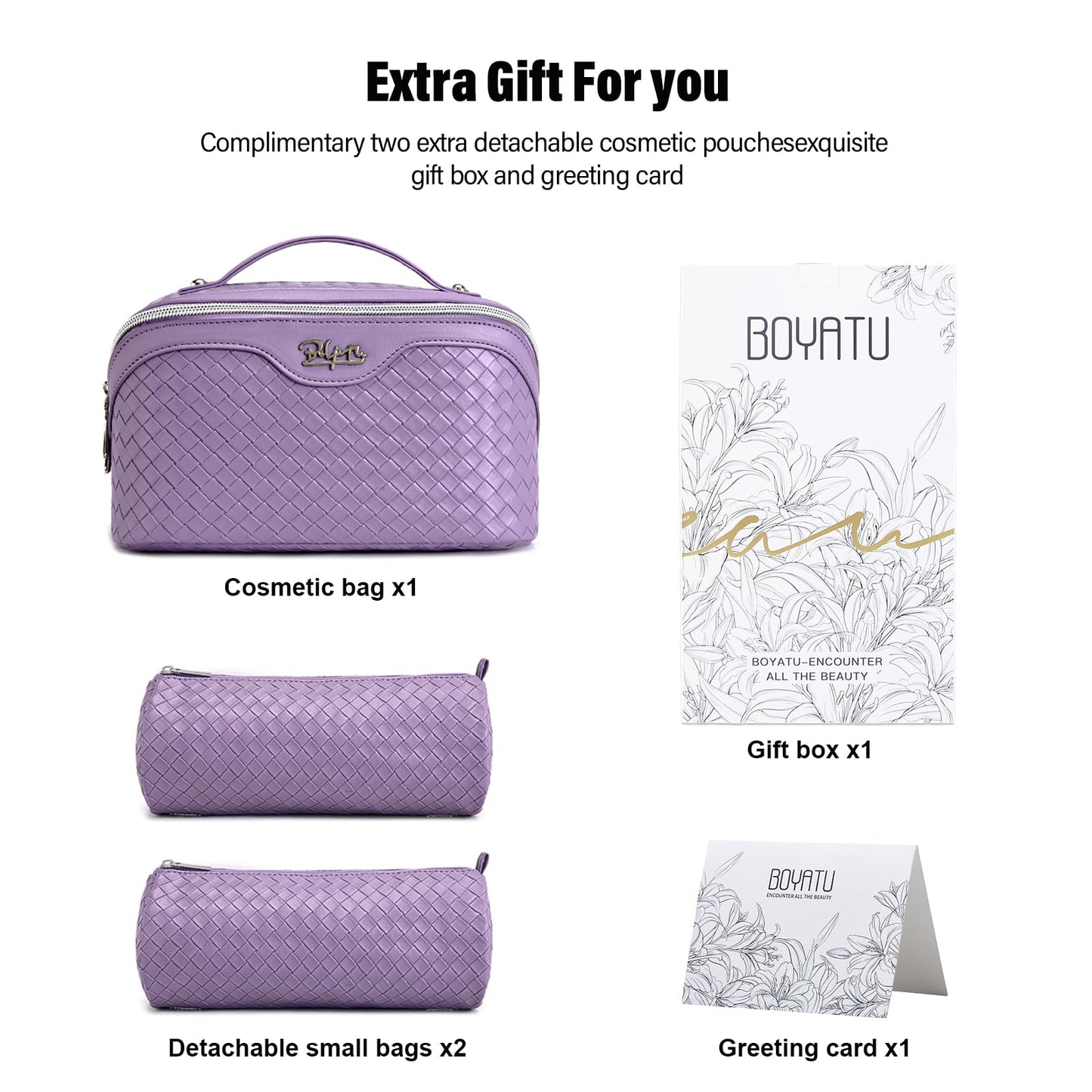 BOYATU Travel Makeup Bag Cosmetic Bags for Women: Large Capacity 3 Pcs Set Make up Bag with Compartments - Waterproof Vegan Leather Toiletry Organizer Bags with Handle (L01 Purple)