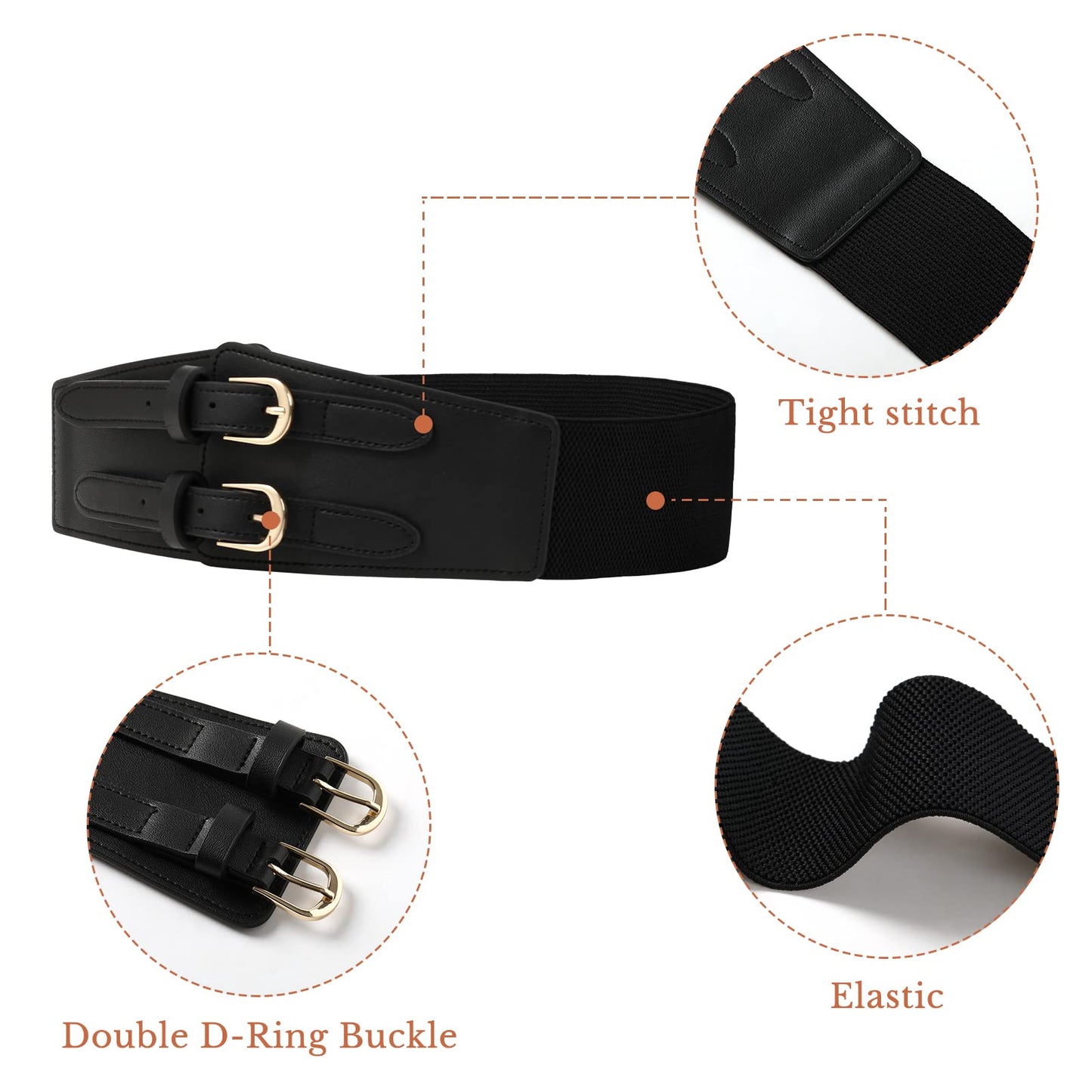 AWAYTR Double Buckle Women's Elastic Belt - Ladies Stretchy Wide Waist Leather Belts for Dresses Jeans(Black 31-33.5")