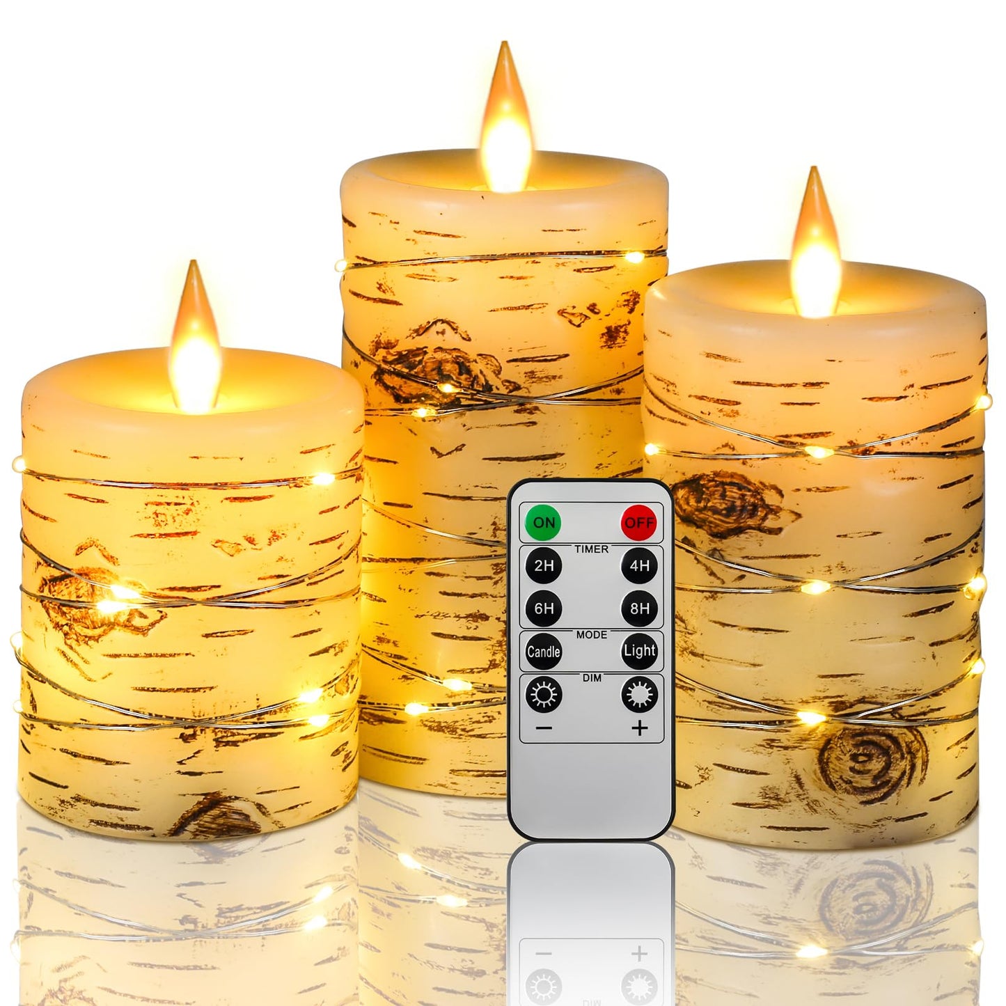 Da by 3 Pack Birch Bark Real Wax Flameless Candles, Flickering LED Taper Candles with Copper String Lights, Battery Operated Candles with Remote for Farmhouse Wedding Home Decor