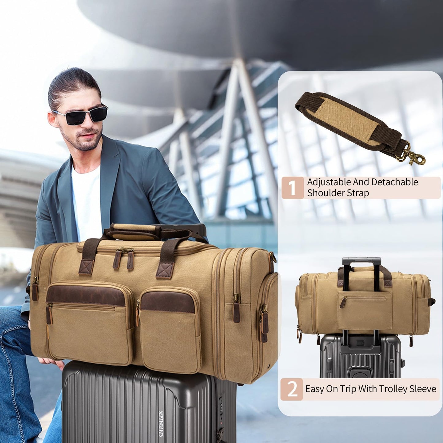 Mens Duffle Bag for Travel 60L Expandable Canvas Weekender Overnight Travel Duffel Bag with Shoe Compartment Carry-On for Airplanes Khaki