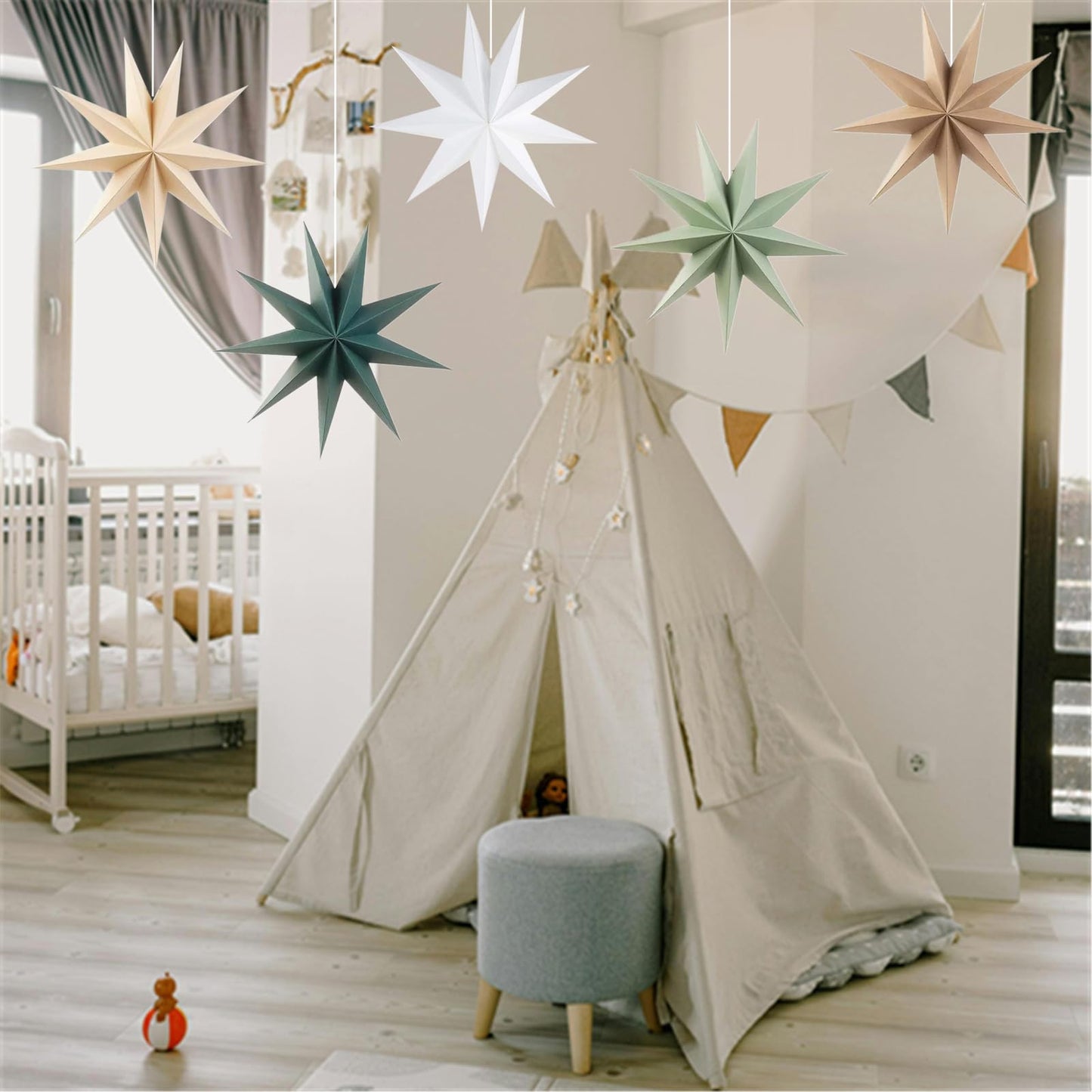 5Pcs Sage Green Paper Star 12 Inch 9-Pointed Hanging Star Lanterns for Christmas Wedding Birthday Home Winter Party Decortion