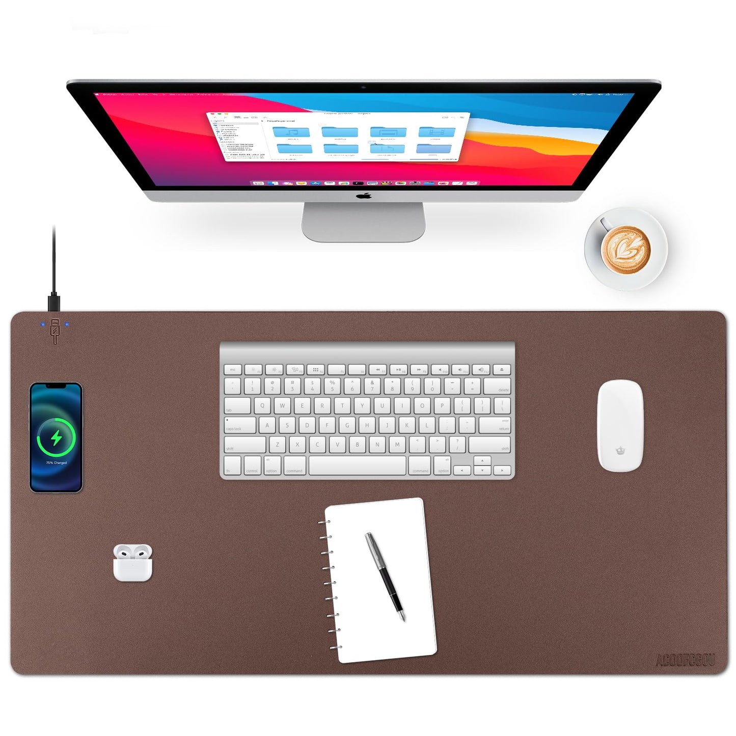 Wireless Charging Desk Mat with Desk Pad for Desktop Charging Large Mouse Pad Waterproof Leather Computer Mat Mouse Pad Non-Slip Protector on Top of Desks for Keyboard and Mouse (brown-l, 32*16inch)