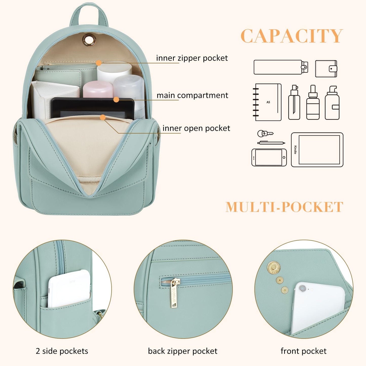 ECOSUSI Mini Backpack for Women Girls Cute Bowknot Small Backpack Purse Ladies Leather Bookbag Satchel Bag, with Charm Tassel Green