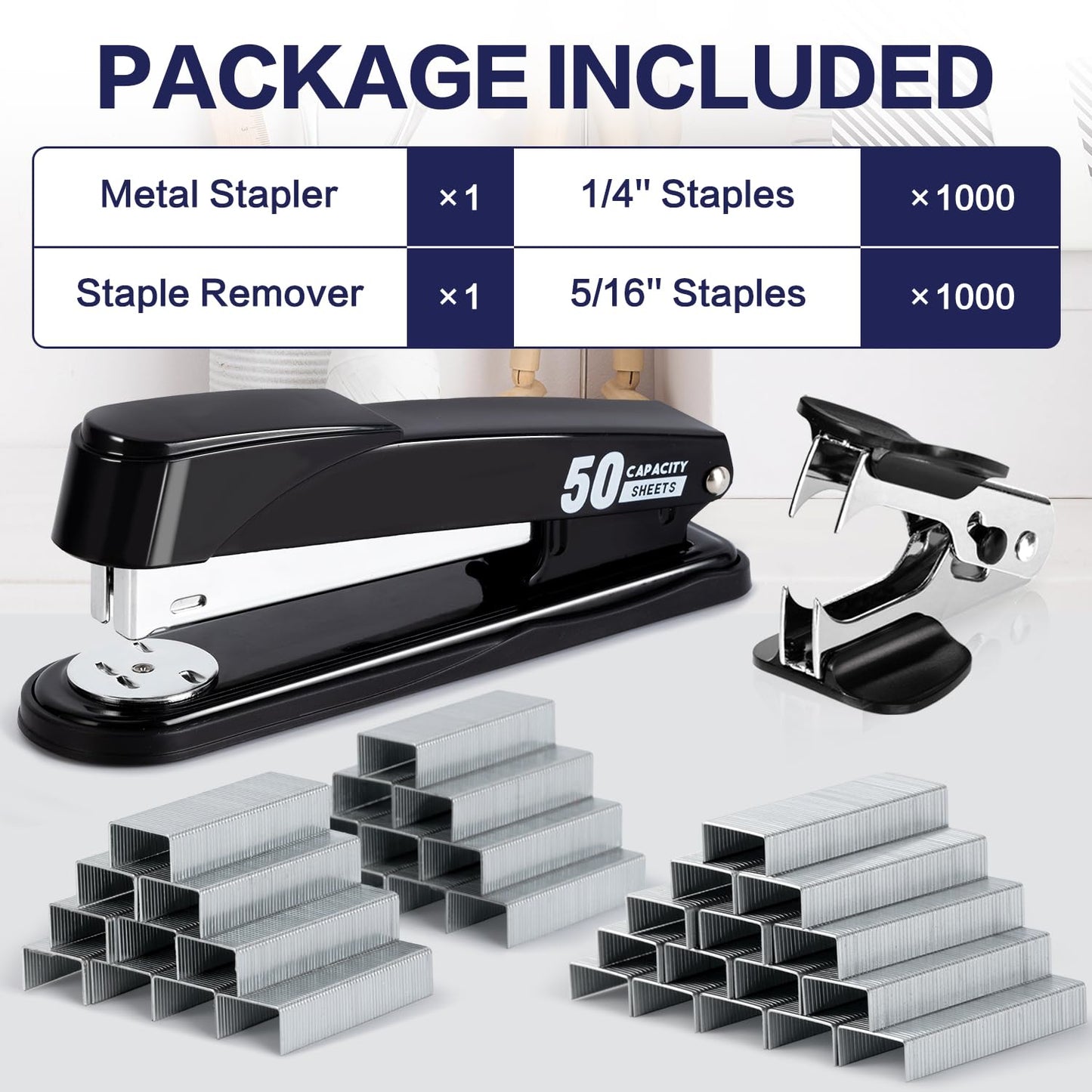 Deli Stapler Heavy Duty, Full Strip Staplers for Desk with 2000 Staples and Staple Remover, 50 Sheet Capacity, No Jam, Non-Slip Office Stapler with Staples for Office, Classroom, Black