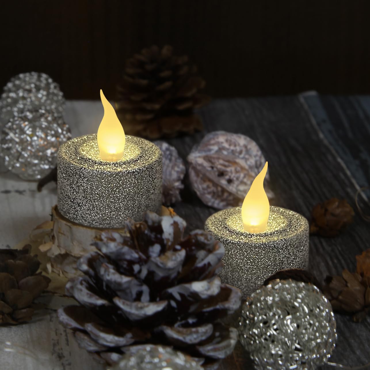 FURORA LIGHTING Silver Glitter Flameless Tealights - 1.45" W x 1.57" H, 12-Pack, Batteries Included