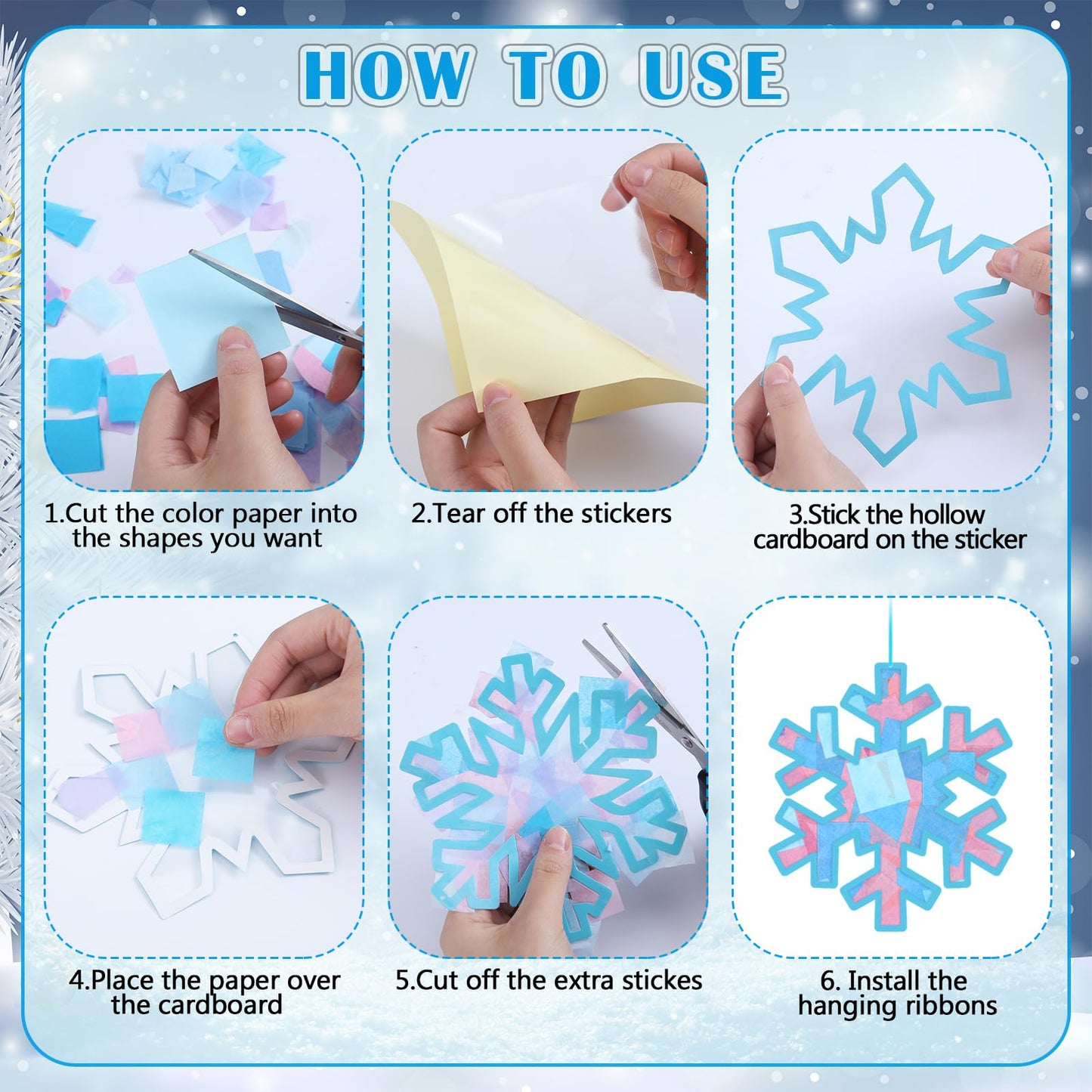 Motipuns 32 Pcs Winter Snowflake Suncatcher Ornament Craft Kit with Blue Ribbon, Christmas Window Art Decoration DIY Ornament Set for Adults Winter Activity