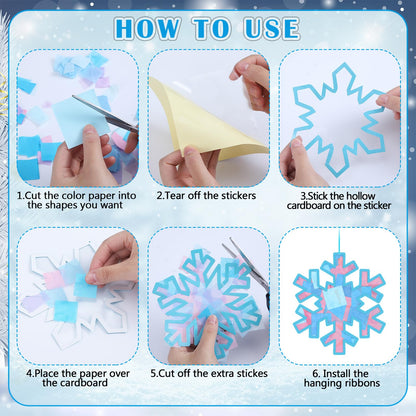 Motipuns 32 Pcs Winter Snowflake Suncatcher Ornament Craft Kit with Blue Ribbon, Christmas Window Art Decoration DIY Ornament Set for Adults Winter Activity