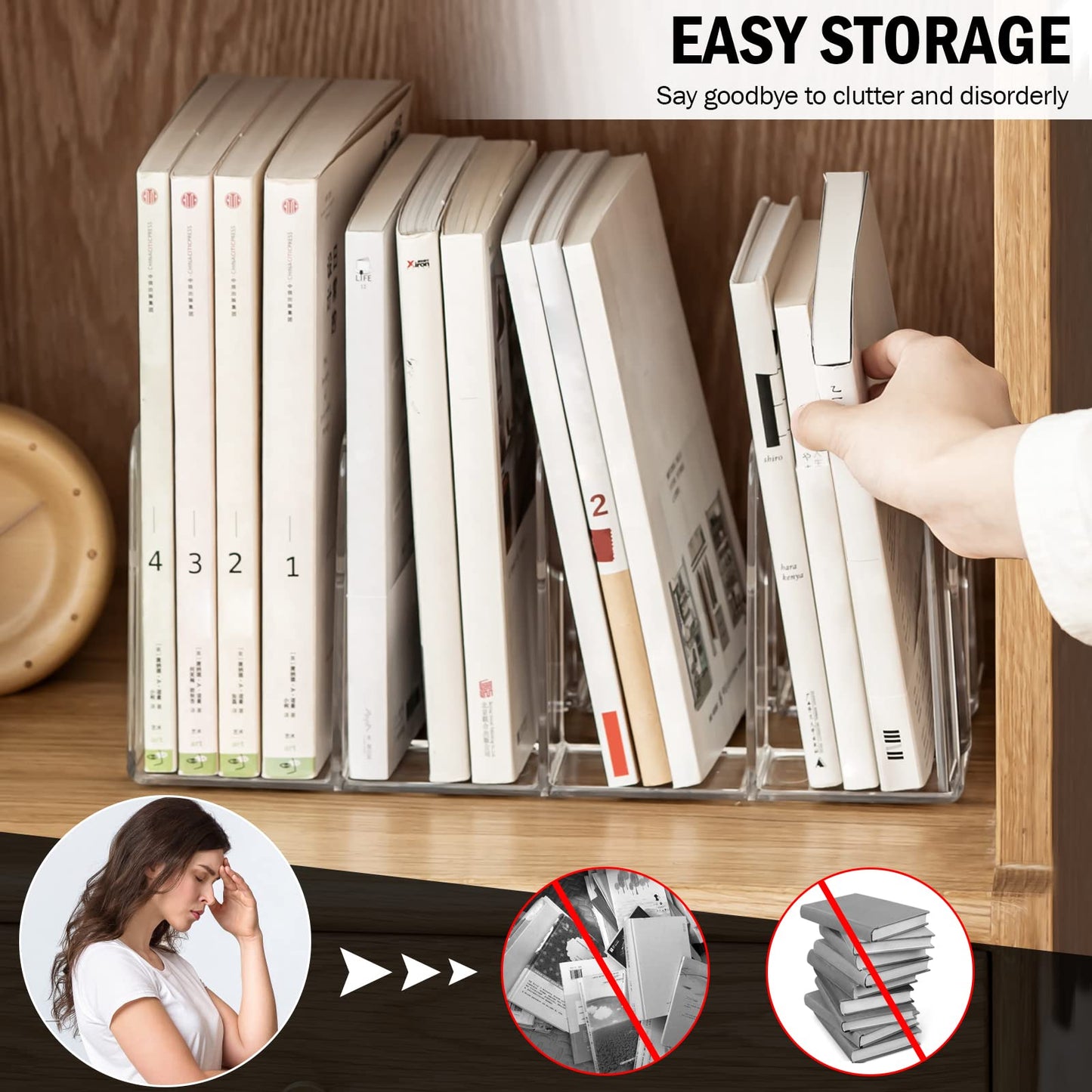 Lunmore Clear Desktop Book Organizer, Creative Book Stand, Divider Bookshelf for Home School and Office, Non-Acrylic Stand Bookshelves (4 Sections), Transparent, Pack of 2