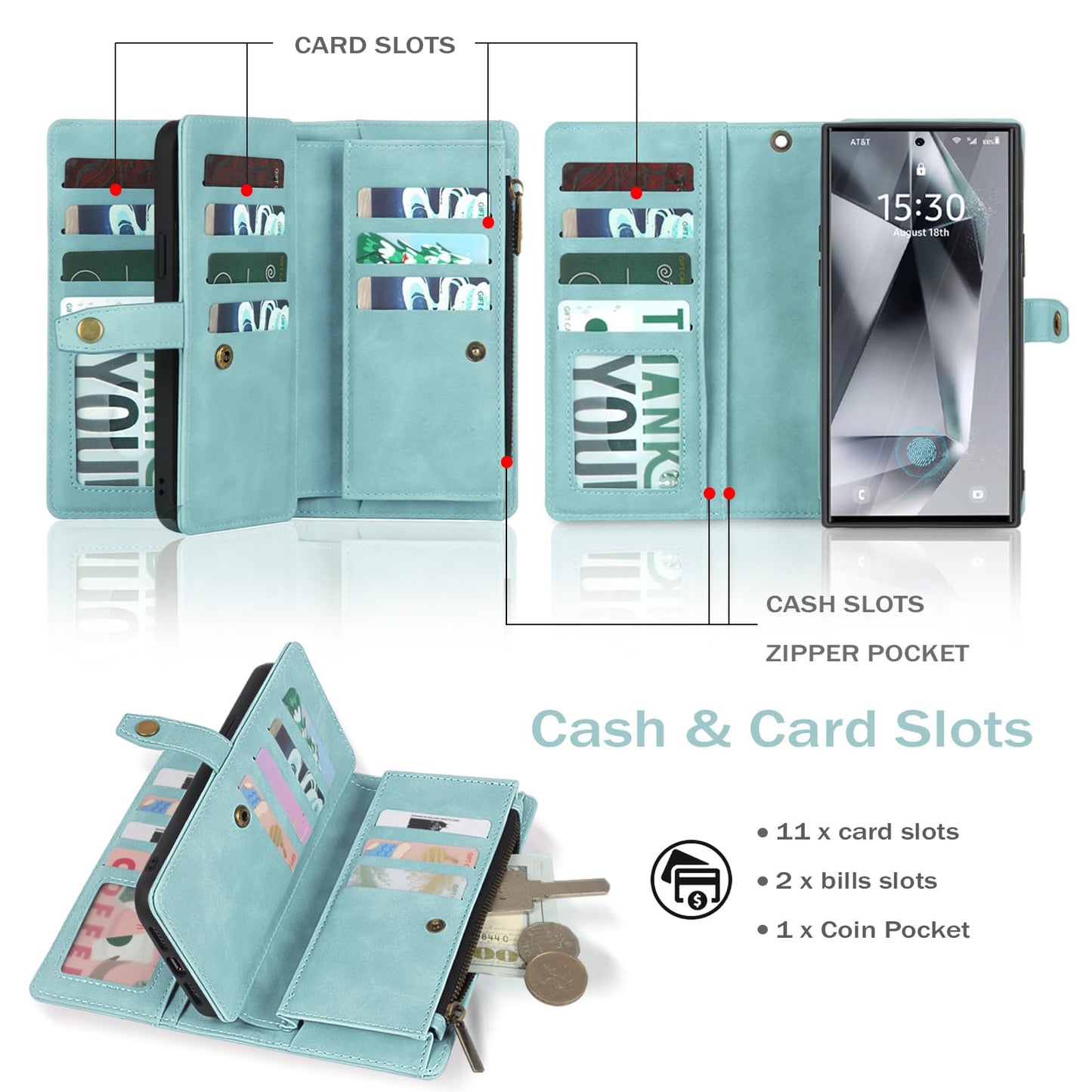 TwoHead for Samsung Galaxy S24 Ultra Wallet Case with Card Holder, Detachable Magnetic Phone Case for S24 Ultra,PU Leather All-Round Protective Phone Case Wallet with Wrist Strap,Blue