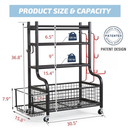 PLKOW Dumbbell Weight Rack, Home Gym Storage for Kettlebells Yoga Mat and Balls, All in One Workout Storage with Wheels and Hooks, Powder Coated Finish Steel