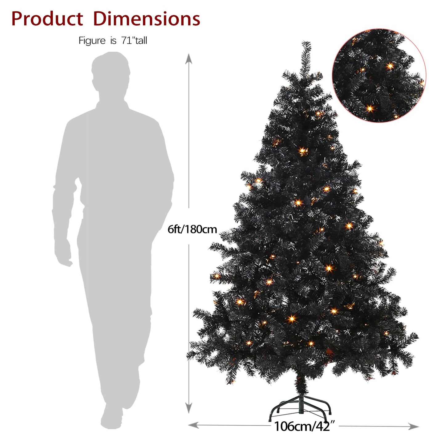 6Ft Artificial Christmas Tree with Metal Stand for Holiday Festival Parties Home Office Decor, 8 Modes 200 LED Warm White Lights Included
