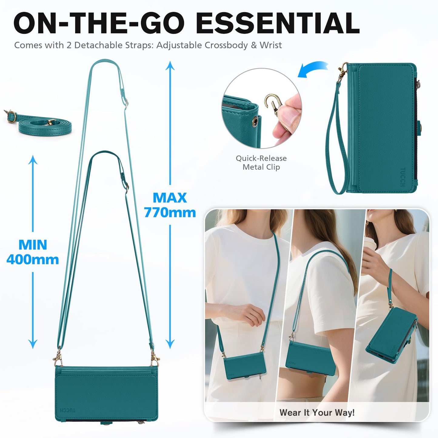 TUCCH Detachable Crossbody Wallet Case for iPhone 17 Pro Max (6.9"), 10 Card Slots RFID Blocking | Lanyard Wrist Strap | Wireless Charging | Zipper Pocket | PU Leather Stand Flip Cover | Bluish Green