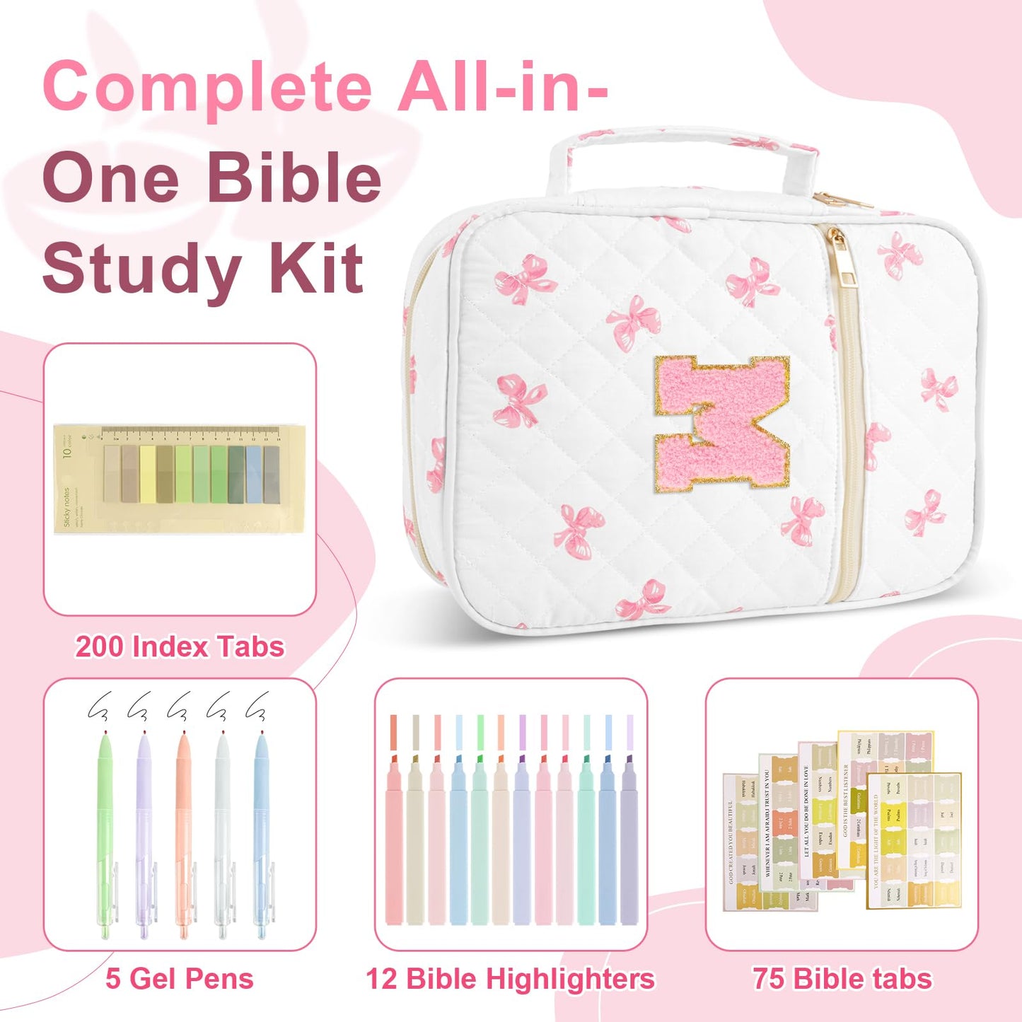 Personalized Initial Bible Cover Case for Women Girls Kid - Large Quilted Bible Case with Handle, Stylish Chenille Letter Bag Study Supplies, Perfect Christmas Gifts for Christians Women (Pink Bow-M)