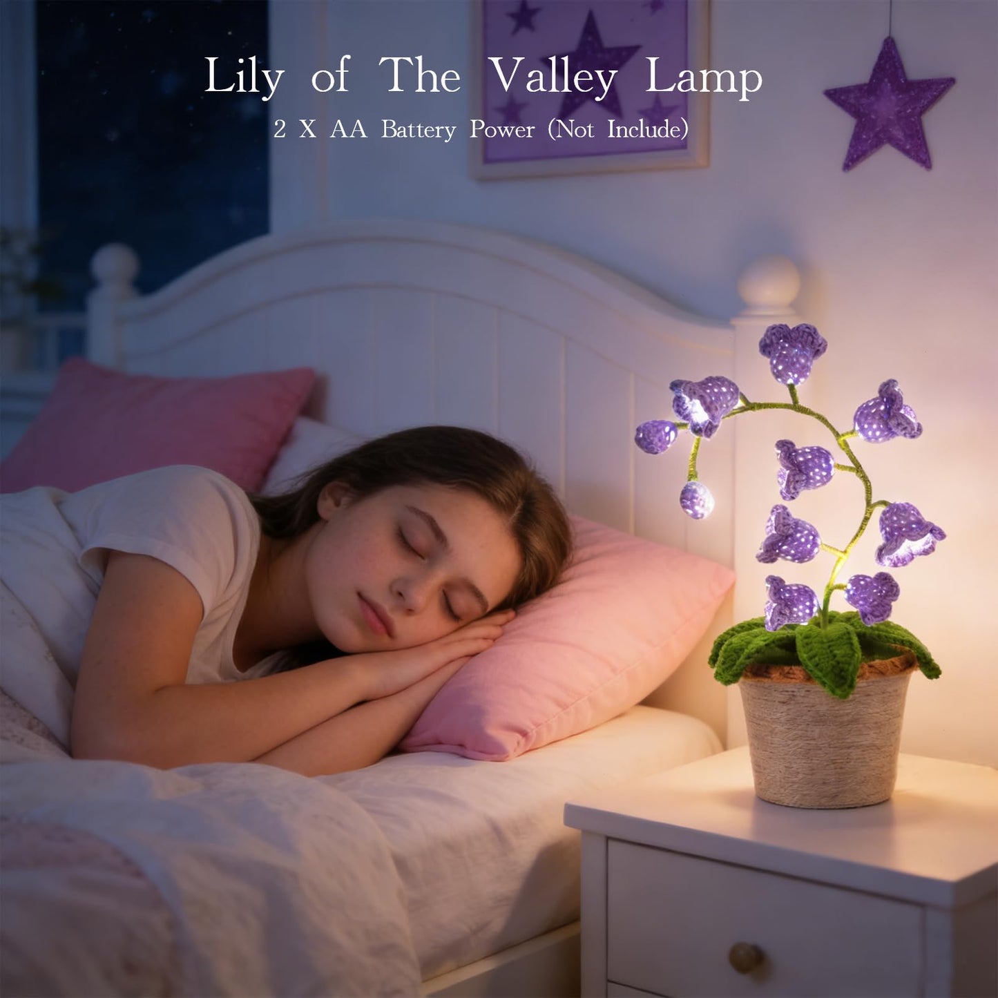 AVEKI Lily of Valley Lamp, Handmade Crochet Artificial Flower Lamp with Warm Light, Cute Desk Lamp for Bedroom, Battery Power Decor LED Night Light, Gift for Mom Daughter Girlfriend (Warm) (Purple)