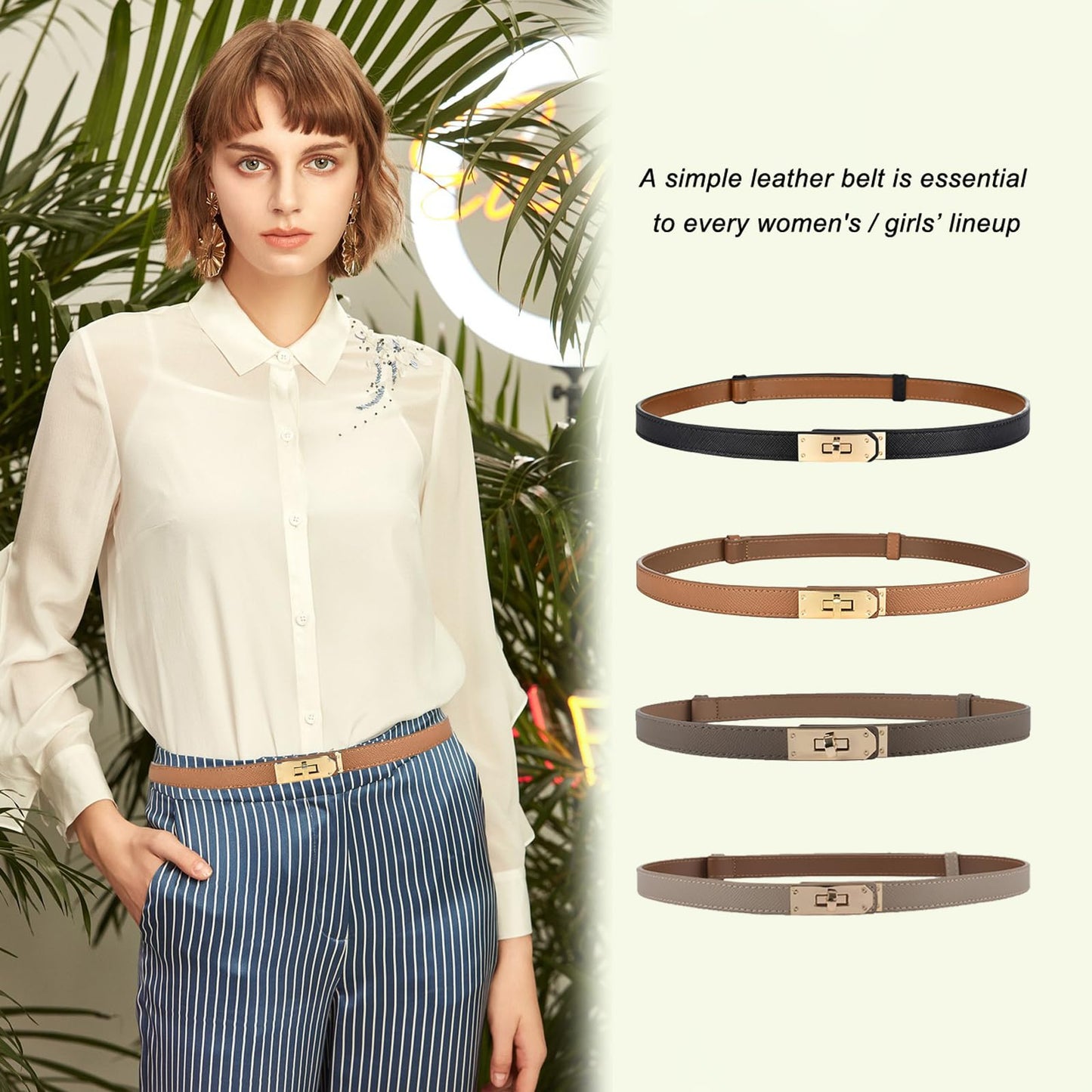 Ovekaut Women Skinny Leather Belt Solid Color Alloy Turn Lock Adjustable Waistband for Dresses Jeans Coats