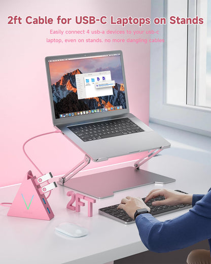4-Port USB 3.0 Hub, FlyingVHUB Vertical Data USB Hub with 2 ft Extended Cable, for Mac, PC, Xbox One, PS4, PS5, iMac, Surface Pro, XPS, Laptop, Desktop, Flash Drive, Mobile HDD(Pink)