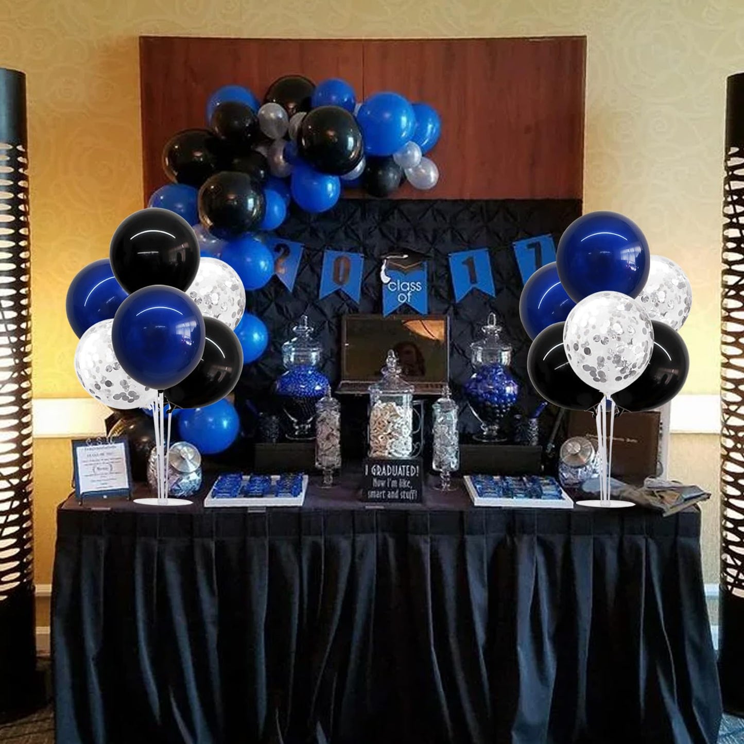 TONIFUL 4 Set Black Blue Silver Confetti Balloon Centerpieces for Table,Balloon Stand Kit for Graduation Decorations 2026 Blue Party Decorations,Retirement,Anniversary,Birthday Decoration for men