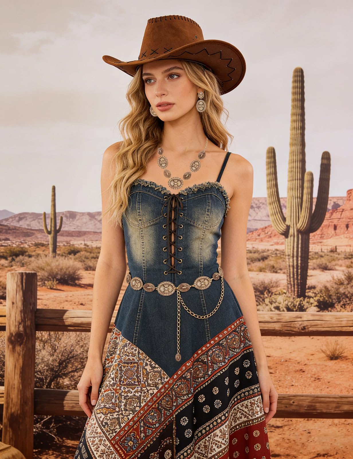 TOPACC Gold Western Belts for Woman Metal Concho Chain Belt Adjustable Cowgirl Belt for Dresses Jeans Boho Country Concert Outfit