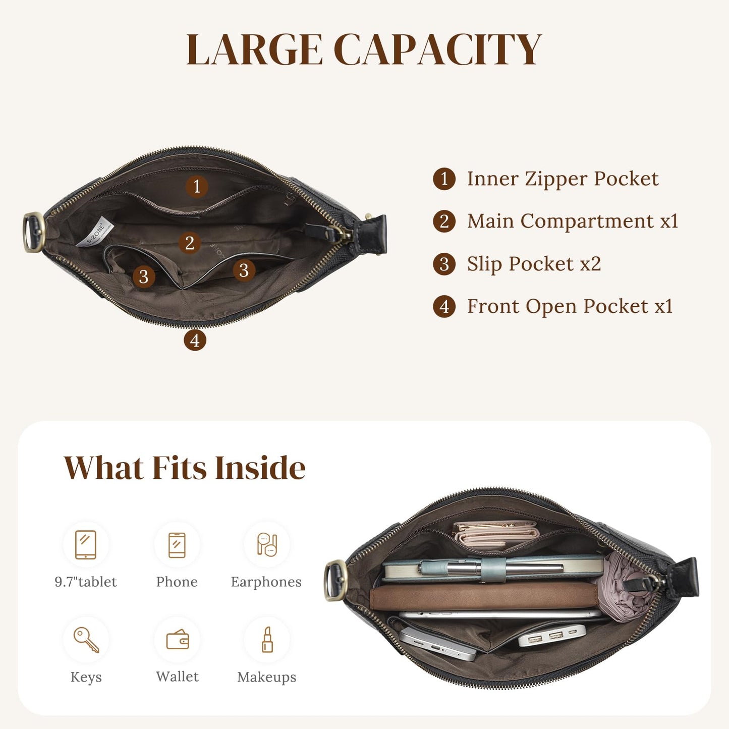 S-ZONE Leather Shoulder Bag for Women Hobo Bag Top Handle Handbag Satchel Purse Rose Pattern