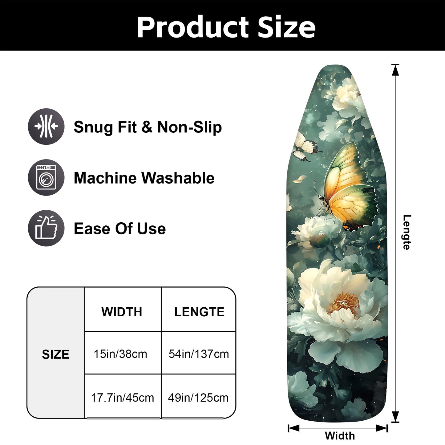 Ironing Board Cover for Crafting, Flat Decoration with Elastic Edge Standard Size, Perfect for Home Laundry Room, Ideal Gift for Craft Enthusiasts (Butterfly, 18" x 49")
