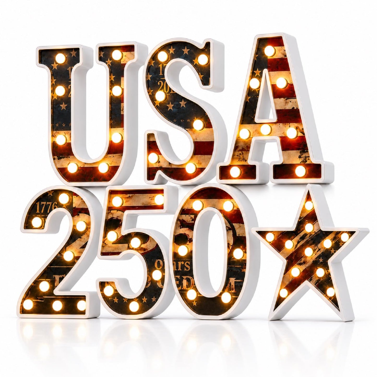 7 Pcs 8.5" USA 250th Anniversary Light Up Marquee Letters Sign, 1776–2026 American Flag Large LED Letters, Patriotic 4th of July Independence Day Decorations for Home Decor, Table Centerpiece & Party