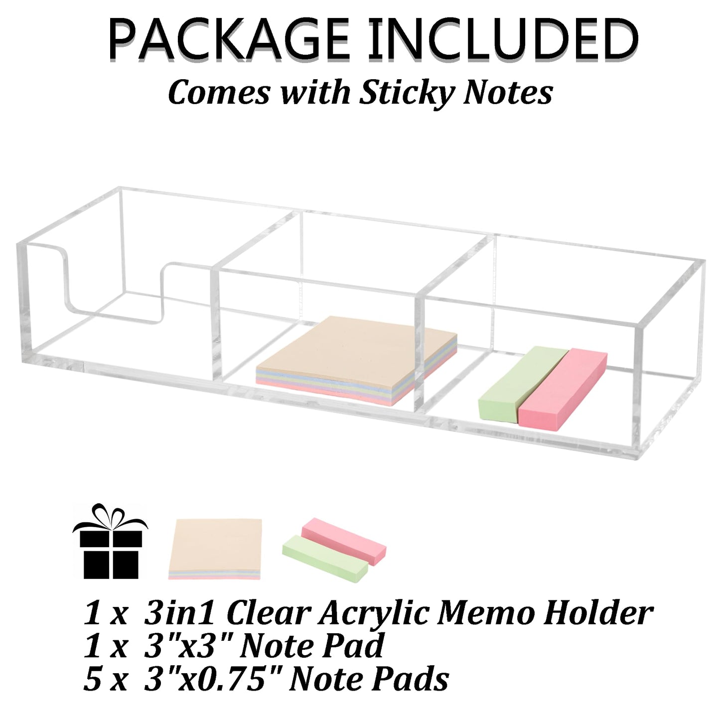 Dealpoli Acrylic 3in1 Sticky Note Holder Desk Organizer, 11.8" x 3.94" x 2.36" Self-Stick Memo Pad Dispenser for School Office Home Post Bank with 3 Compartments (DP003)