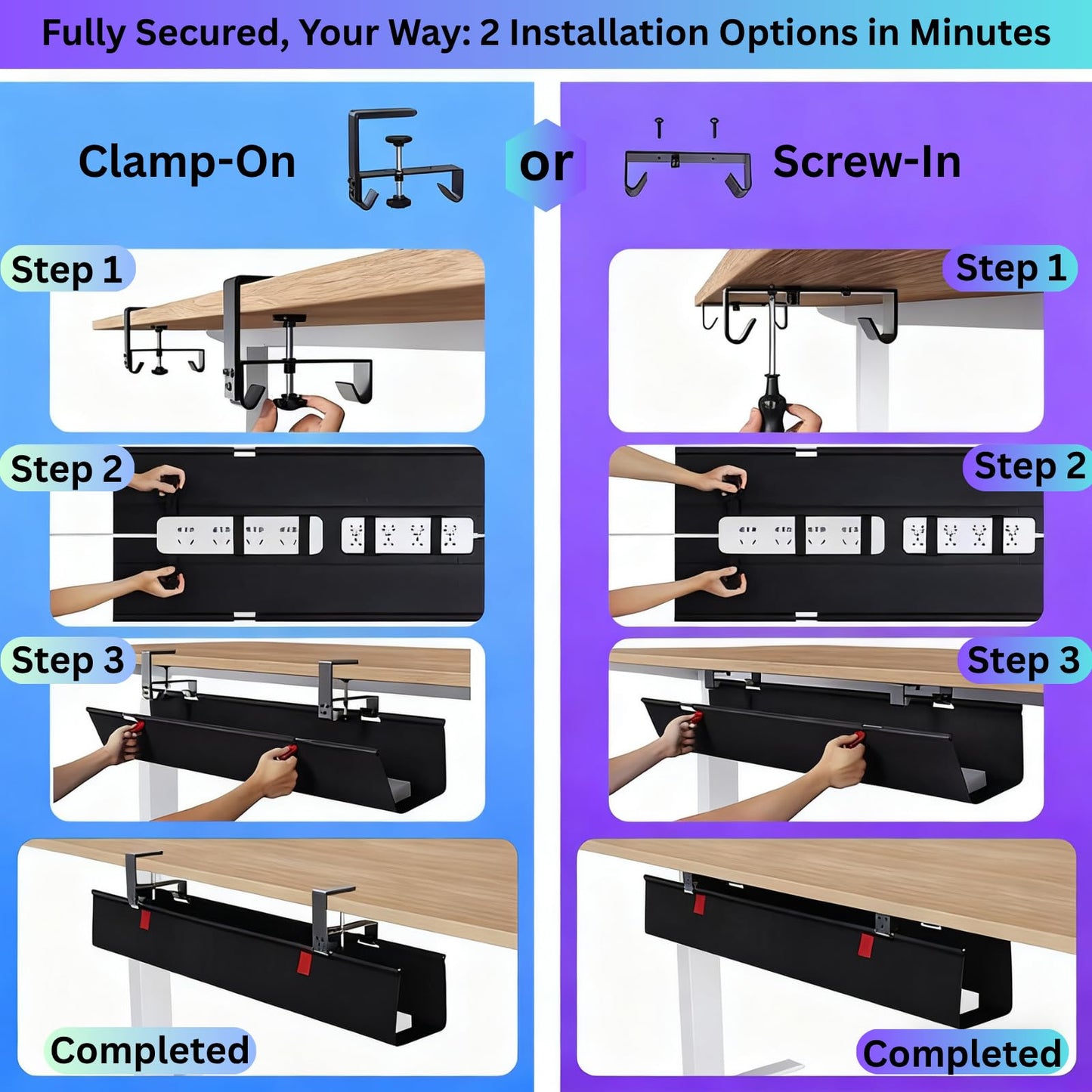 Under Desk Cable Management Tray, 48" Extra Large No Drill Cord Organizer with Easy to Clean Oxford Fabric, Clamp On Power Stripe Holder for Office, Home Office & Gaming Space
