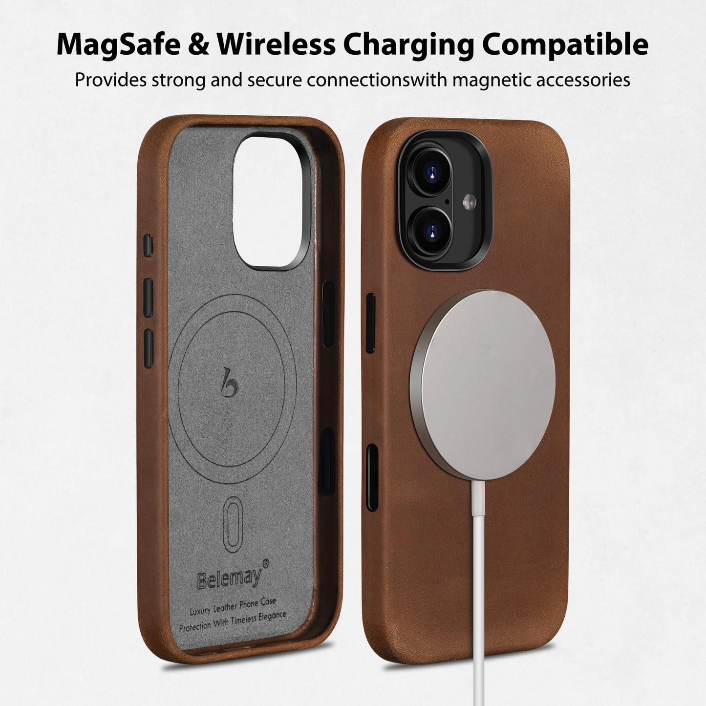 Belemay Handcrafted Crazy Horse Leather Case for iPhone 16, Compatible with MagSafe, Vintage Aesthetic, Two-Tone Effect, Unique Patina, Camera Control Button, Metal Buttons (6.1"), Vintage Brown