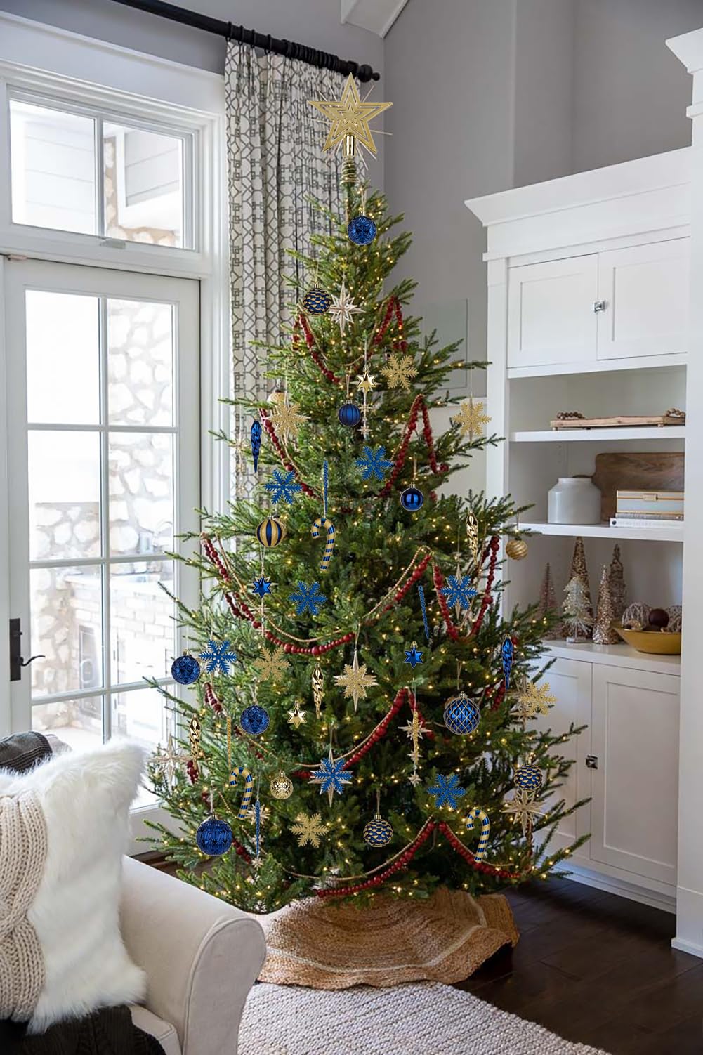 Briful 80ct Blue & Gold Christmas Balls Ornament Set, Plastic Shatterproof Christmas Ornament Balls with Tree Topper Candy Canes Snowflakes for Xmas Tree Wreath Garland Decor