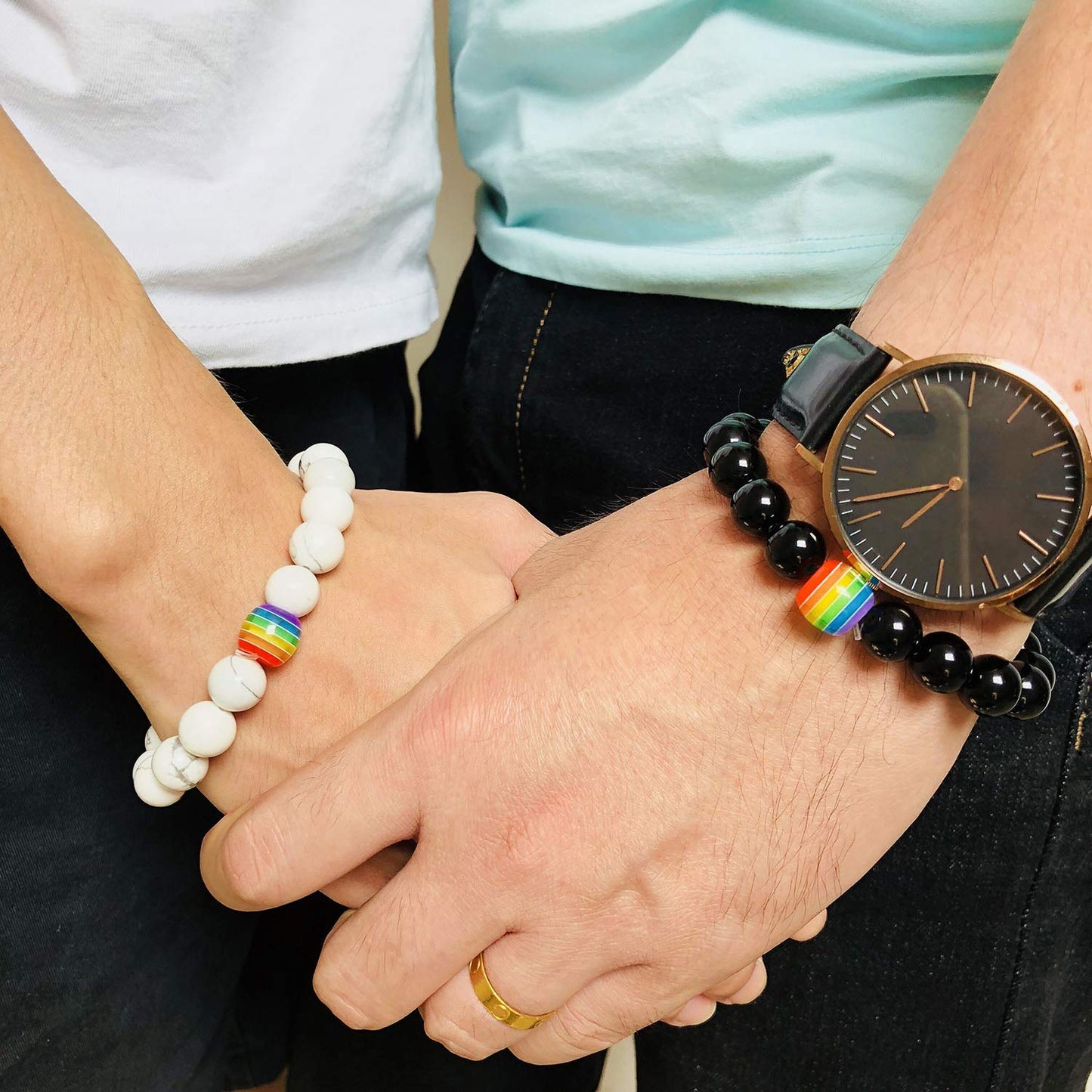 Nanafast LGBT Gay Rainbow Relationship Beaded Bracelet Couple Matching Pride Bead Bracelets Bangle 2 Pack (White/Black)