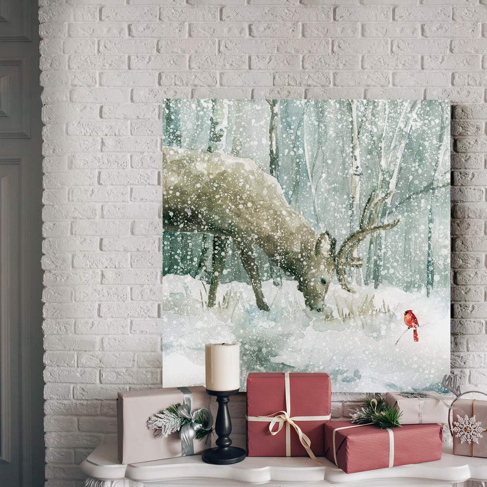 Renditions Gallery Reindeer and Cardinal Wall Art, Cute Christmas Artwork, Snowy Winter Forest, Scenic Nature, Premium Gallery Wrapped Canvas Decor, Ready to Hang, 24 in H x 24 in W, Made in America