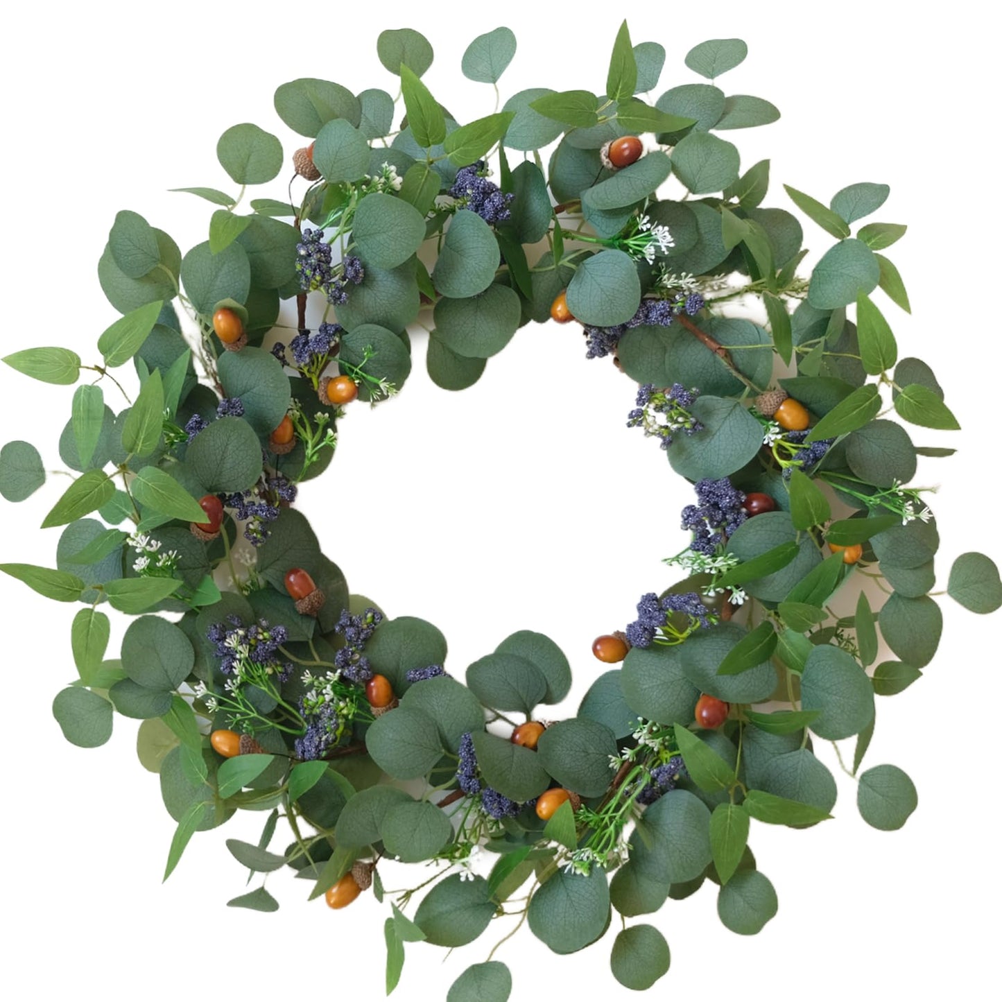 TEMPUS 22" Eucalyptus Wreath for Front Door - Pre-Fluffed Greenery Wreath with Olive Leaves & Hazelnuts, Farmhouse All-Season Door Decor