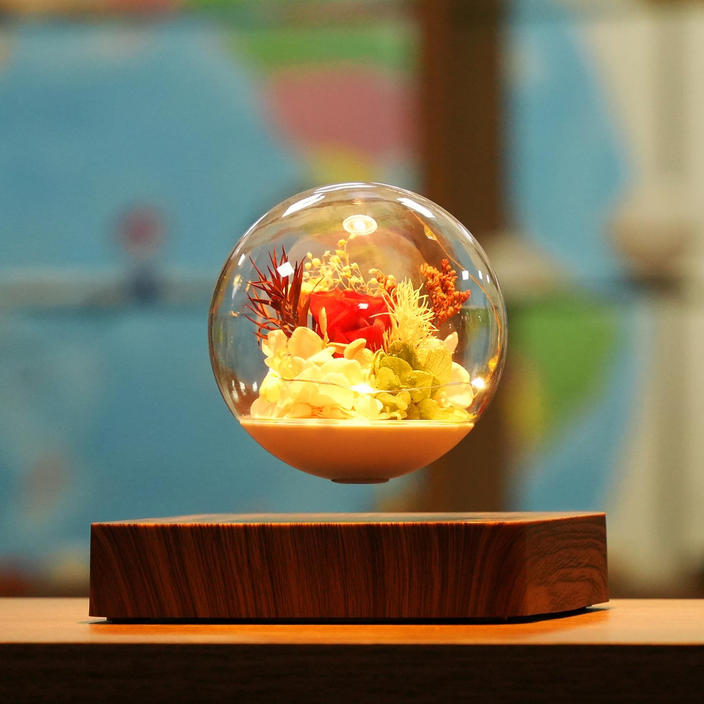 MAGECMOON Magnetic Levitation Preserved Flower, Forever Real Eternal Roses, Floating Lamp Levitating LED Light Bulb, Gifts for Kids Lover Friends (Dark Brown Base, 5.5"*5.5" (Plastic))