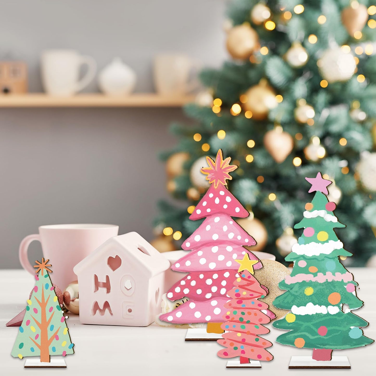 JarThenaAMCS 6 Pcs Christmas Wooden Signs 6 Sizes Christmas Tree Wood Tabletop Signs with Base Desktop Centerpieces for Xmas Home Tiered Tray Table Fireplace Windowsill Party Decor