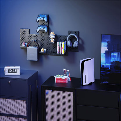 PEGZONE Controller and Headphone Holder Wall Mount, Modular Gaming Pegboard with Accessories, Controller Stand for Xbox PS5 PS4 Switch, Video Game Storage, Disc Shelf Organizer, 7pcs Pegboard, Black