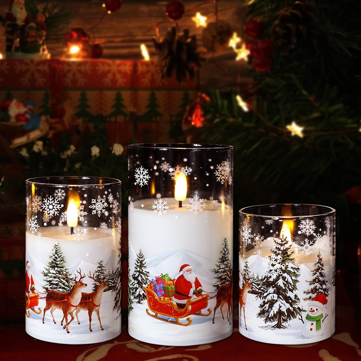 Sariiraw Christmas Snowman Glass Flameless Candles with Remote Timer, Set of 3 Battery Operated LED Pillar Candles for Christmas Decorations, 4" 5" 6" Heights, Warm White Light