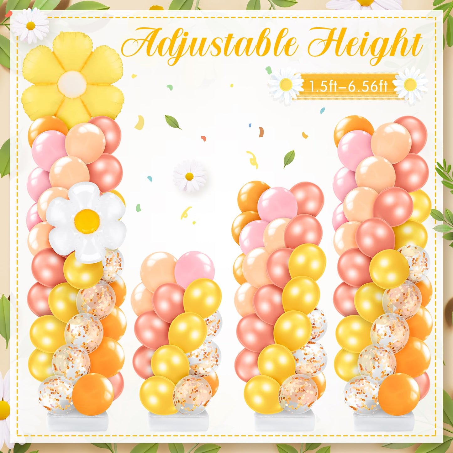 Kasyat 2 Sets Groovy Balloon Column Stand Kit Boho Daisy Macaron Pink Yellow Orange Pastel Retro Flower Balloons Arch Garland Kit for Baby Shower Birthday Wedding Hippie Flower Party Decoration