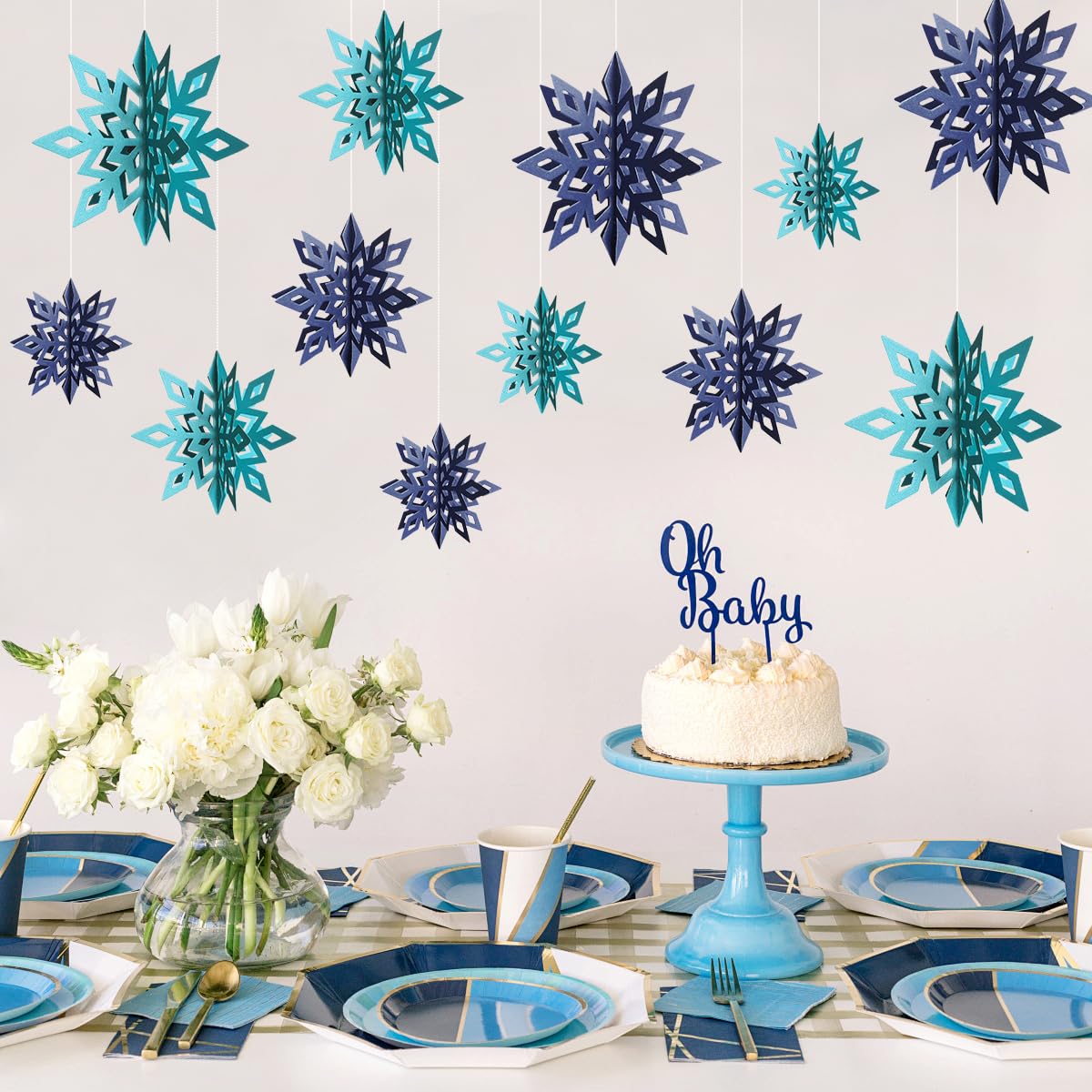 Winter Snowflake Hanging Decorations - 3D Large Blue Snowflakes Paper Hanging Garland for Christmas Winter Wonderland Holiday New Year Party Home Decoration 12PCS (Blue&Light Blue)