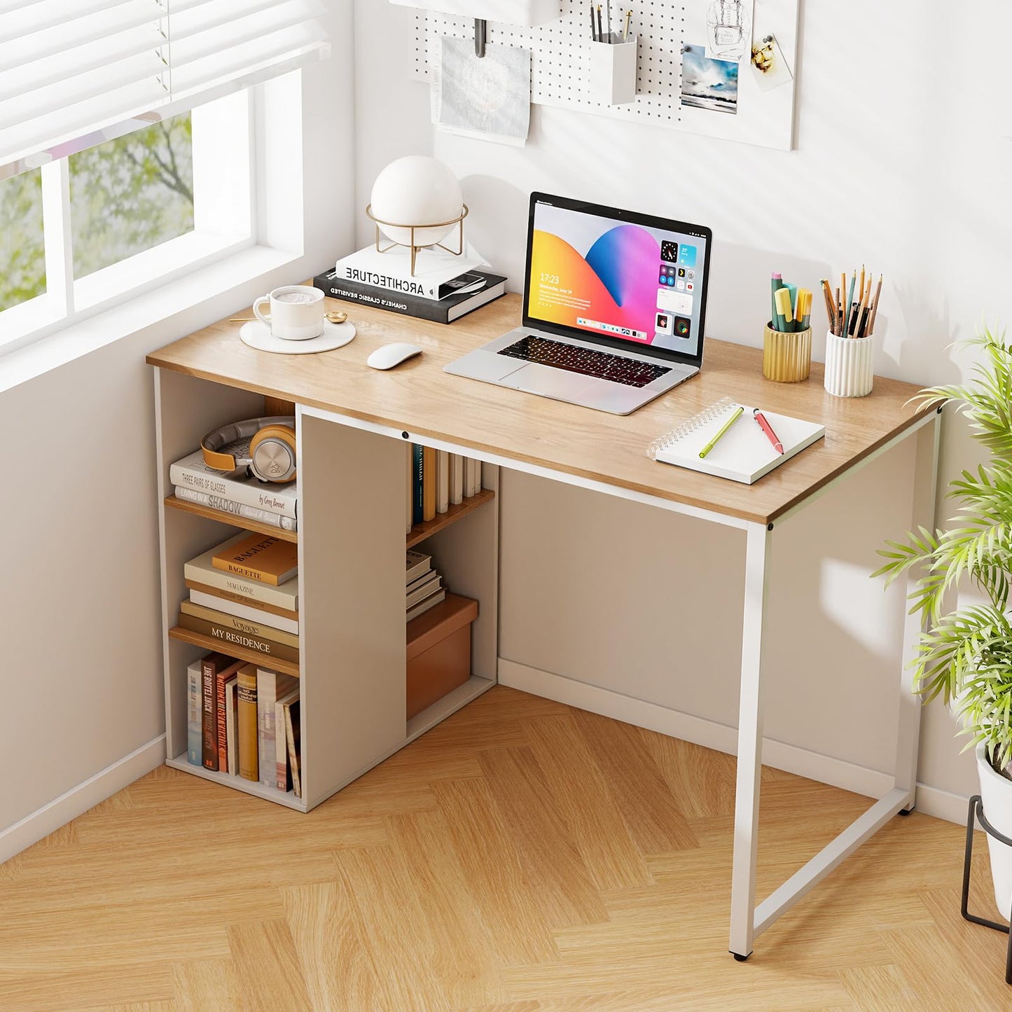 Tangkula Computer Desk with Storage Shelves, Home Office Desk with 5 Side Shelves & Metal Frame, Space Saving Laptop PC Desk, Writing Study Desk, Modern Vanity Desk for Bedroom (Natural)