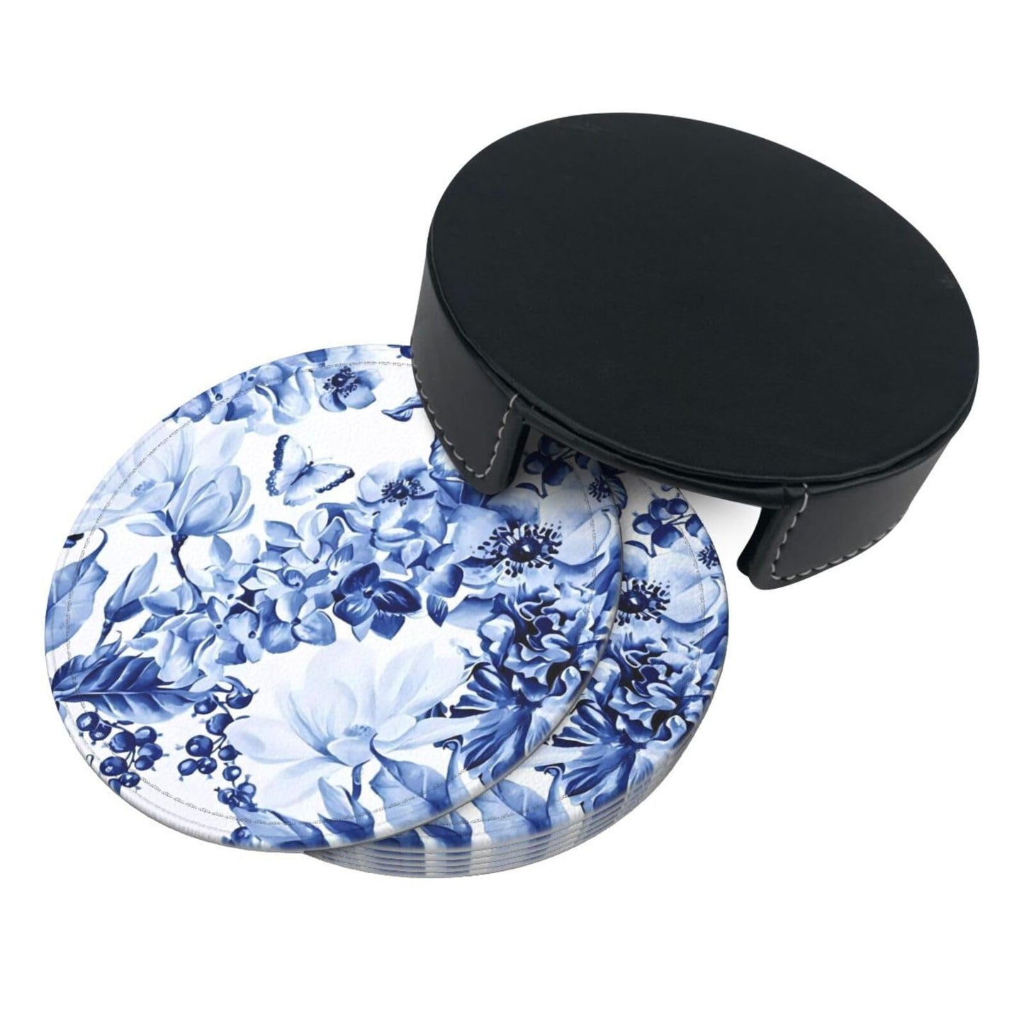 6 Pcs Blue and White Floral Leather Coasters for Drinks with Holder Coaster Sets Drink Table Cup Coasters for Living Room Kitchen Coffee Decor