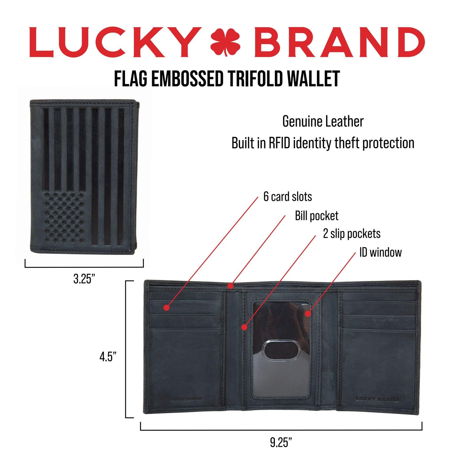 Lucky Brand American Flag Embossed Leather Trifold Wallet for Men with RFID Blocking, Tan